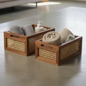 Wooden Storage Basket with Cane Weave